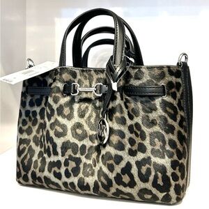 Michael Kors SM Carson Pebbled Leather Leopard Print Satchel Bag Butterscotch